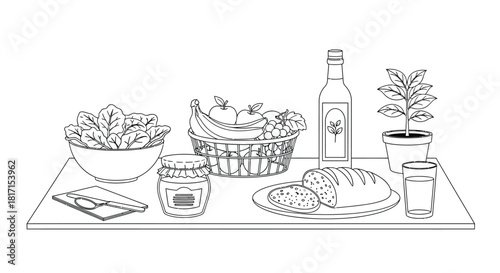 A simple still life illustration featuring fruits bread and potted plants