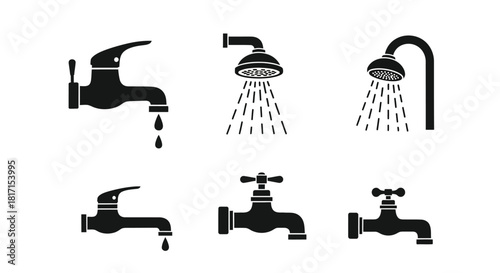 Black and white icons depicting various styles of water taps and showers