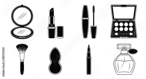 Black and white illustration of various makeup tools and cosmetic products