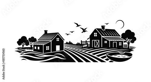 A peaceful countryside scene with houses fields and birds in black and white