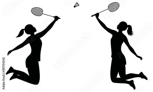 Silhouettes of girls playing badminton