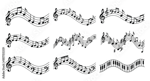 Musical notes and staves arranged in wavy patterns a visual representation