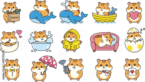 Cartoon hamsters in action, cute character grid, playful animal scenes, emotional poses, costume variety, storytelling icons, flat vector illustration