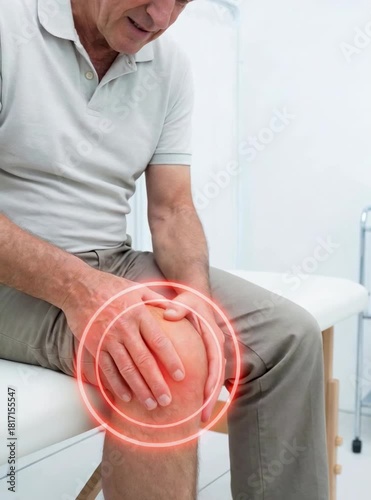 Senior Man Suffering from Knee Pain with Graphic Pain Visualization