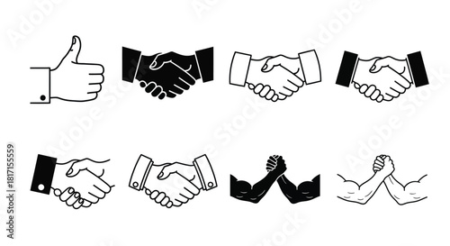A collection of black and white hand gestures signifying agreement and partnership
