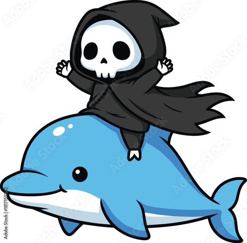 Grim Reaper riding dolphin, cartoon skull character, playful death theme, cheerful sea animal, surreal humor concept, flat vector illustration