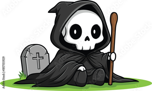 Grim Reaper sitting on grass, cartoon skull character, spooky grave scene, whimsical death theme, cute skeleton pose, flat vector illustration