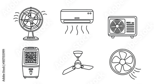 Various cooling appliances depicted in a simple line drawing style