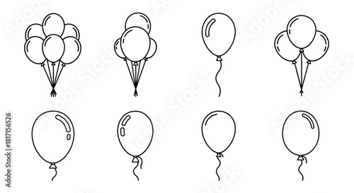 A collection of simple black and white line art balloon illustrations