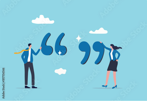 Inspiration quotes to motivate people, business quotation or message to achieve success concept, smart businessman and businesswoman standing with quotation mark sign.