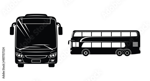 Black and white illustration of a double decker bus and coach