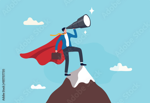 Business vision to see journey to success, discovery new opportunity, looking for jobs, future success or career goal, leadership mission concept, businessman lookout telescope on top mountain