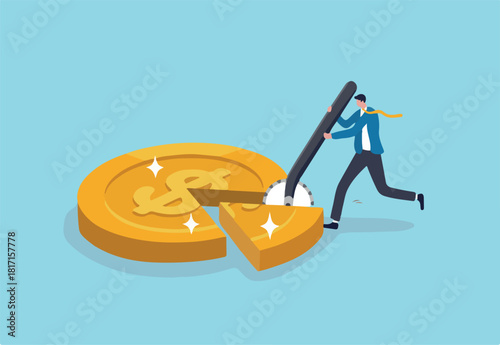 Money management, financial planning or wealth management or investment portfolio, paying for tax, loan or debt, inflation concept, businessman using pizza cutter to split golden dollar money coin.