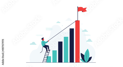 Ambitious businessman climbing a bar graph with a rope to raise the final bar and reach the goal flag representing career growth.