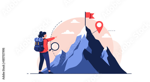 Female hiker with a backpack and magnifying glass planning her route to the mountain peak to achieve her travel or business goal.