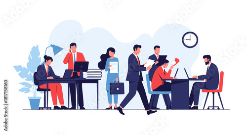 Vector illustration of a bustling corporate office environment with employees multitasking and working together on various projects.