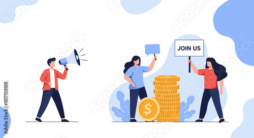 Manager with a megaphone announcing a job opening and inviting new employees to join the company for financial opportunities.