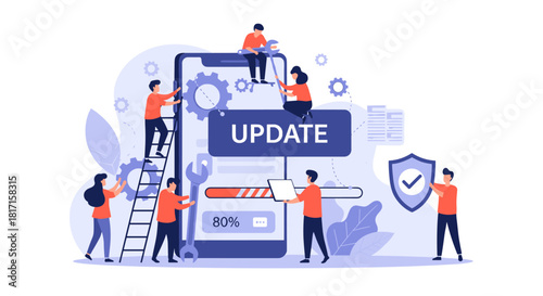 A team of developers and engineers working together to perform a system update and software maintenance on a large smartphone.