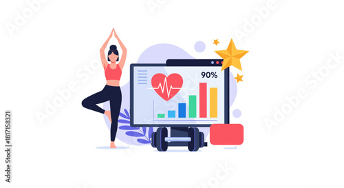 Woman practicing yoga next to a screen displaying her fitness progress and health metrics from a wellness tracking application.