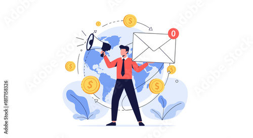 Businessman using a megaphone for a global email marketing campaign to attract customers and generate revenue around the world.