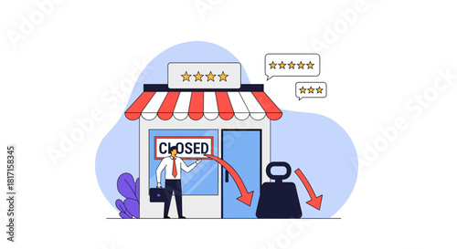 Small business owner closing his shop permanently due to financial failure and negative customer reviews leading to bankruptcy.
