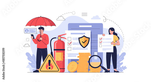 Couple reviewing a comprehensive insurance policy for financial protection against fire and other accidents with safety equipment.