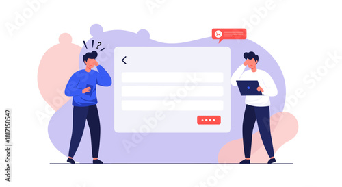 Two frustrated users experiencing a login error with an incorrect password message on a website's authentication form.