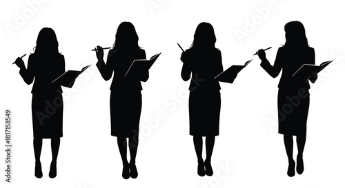 Silhouettes of four women writing or taking notes in a row