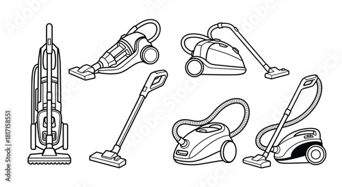 Various styles of vacuum cleaners illustrated in a simple black and white drawing