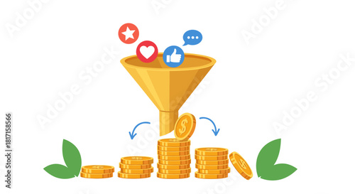 Marketing sales funnel converting social media engagement like comments and likes into revenue and profit for an online business.
