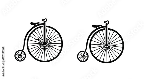 Two vintage penny farthing bicycles illustrated in a simple black and white style