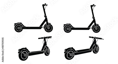 Four black silhouettes of electric scooters in differing perspectives displayed