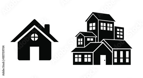 Simple black and white illustration depicting a house and a cluster of buildings