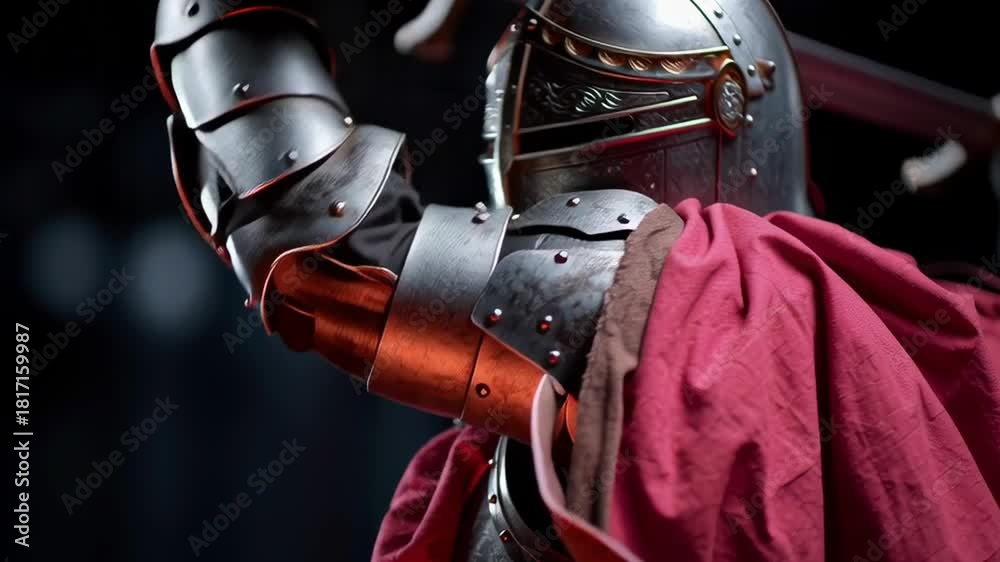 A knight is holding a sword and shield, with a red cape draped over his ...