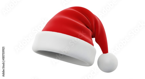 Fotografía Red santa hat with white fluffy brim and pompom, isolated on transparent backgro
