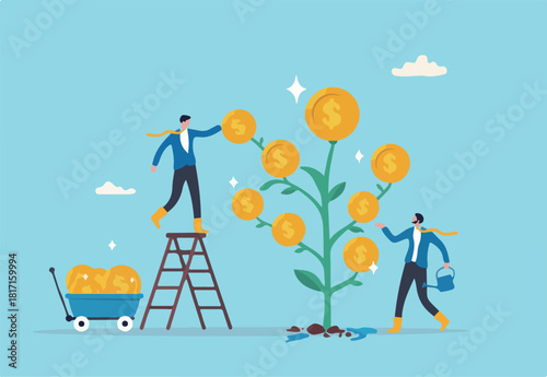 Investment growth, wealth management or savings to gain interest, passive income or harvest profit or dividend, earning money or prosperity concept, businessman help grow money and harvesting profit.