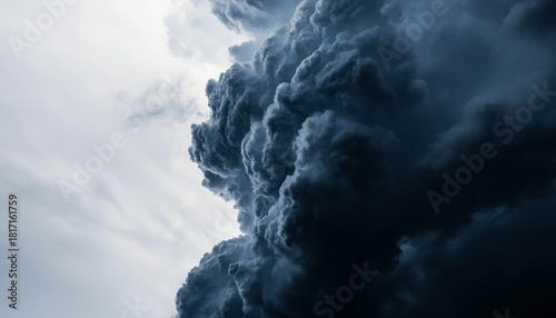 Dramatic dark clouds against a pale sky evoke a sense of foreboding and the power of nature.