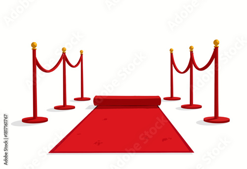 Luxurious Red Carpet Pathway with Elegant Golden Stanchions for Prestigious Ceremonial Events and Exclusive VIP Access