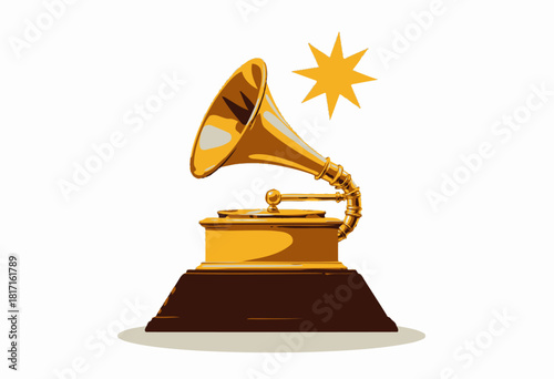 Golden vintage gramophone with a star accent, isolated on a clean background, symbolizing timeless music appreciation and classic auditory experiences.