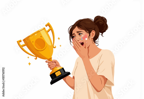 Young woman joyfully holding a golden trophy, overwhelmed with happiness and emotion, reflecting victory, achievement, and celebration of a significant accomplishment.