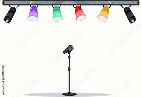 Illustration of a Microphone on a Stand Under Colorful Stage Lights Set for a Performance or Presentation