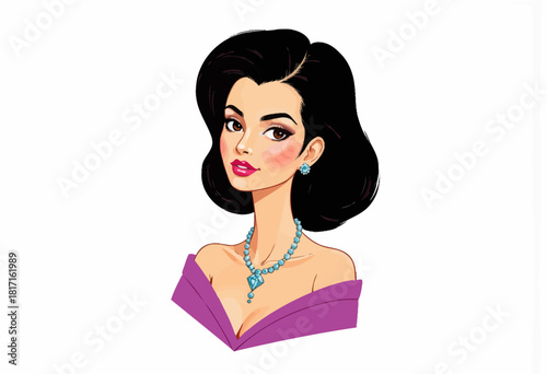 Elegant Illustration of a Woman with Luxurious Black Hair and Sophisticated Jewelry, Highlighting Her Glamorous Style and Timeless Elegance