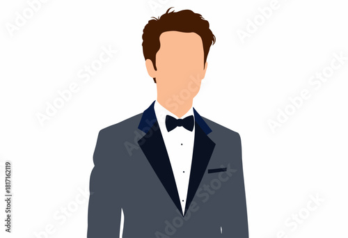 Illustration of a faceless man wearing a formal suit with a black bow tie and a tuxedo jacket on a minimalist white background