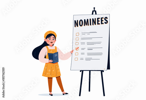 Illustration of a Woman Presenting a Nominee List on an Easel with Engaging Visual Details Highlighting the Selection Process and Roles