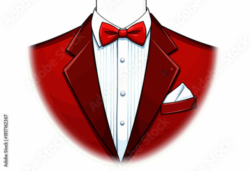 Elegant Illustration of a Red Suit Jacket with Bow Tie and Pocket Square in a Classic Formal Attire Presentation