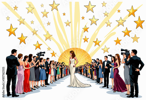 Elegant Woman in White Gown Walking Red Carpet Surrounded by Photographers Amidst Starry Splendor and Excited Onlookers at Glamorous Celebrity Event