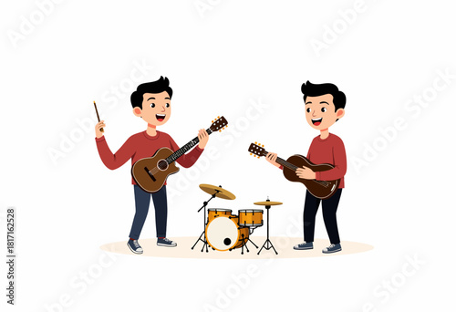 Two Animated Musicians Enthusiastically Playing Guitars and Drums in a Vibrant Performance Scene with Lively Interaction and Musical Energy