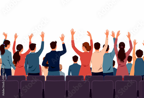 Illustration of a Diverse Group of People Raising Their Hands Enthusiastically in a Large Gathering or Conference Setting with Empty Seats in Foreground