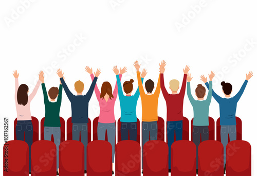 Illustration of Diverse Seated Audience Enthusiastically Raising Hands Amidst Red Theater Chairs in a Communal Setting of Engagement and Participation
