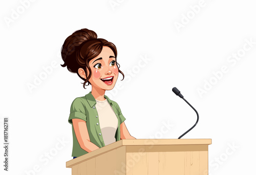 Enthusiastic Young Woman Delivering a Speech at a Wooden Podium with Microphone and Engaging Expression